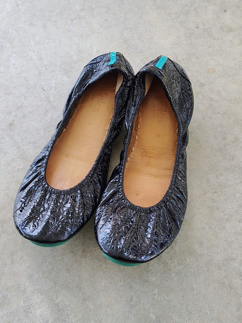 Tieks Black Crinkle Patent Ballet Flats with Teal Accent